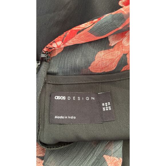 ASOS Long Sleeve Floral Print Maxi Dress Black Red Frill Hem Womens Size 14 New - Picture 12 of 14